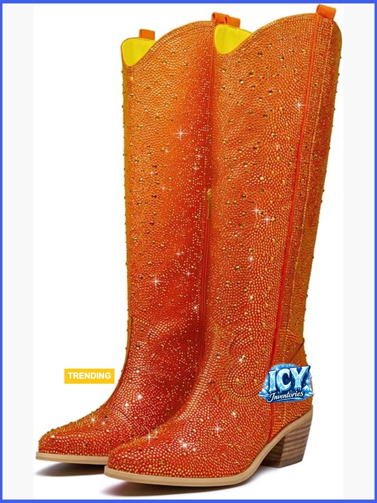 Sparkly Rhinestone Cowboy Boots Chunky Block Heel Knee High Side Zipper Pointed